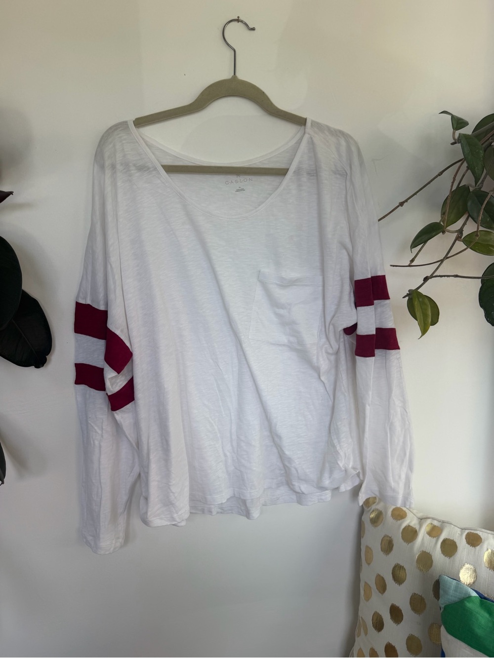 Caslon White Long Sleeve Tee with Maroon Sleeve Stripes